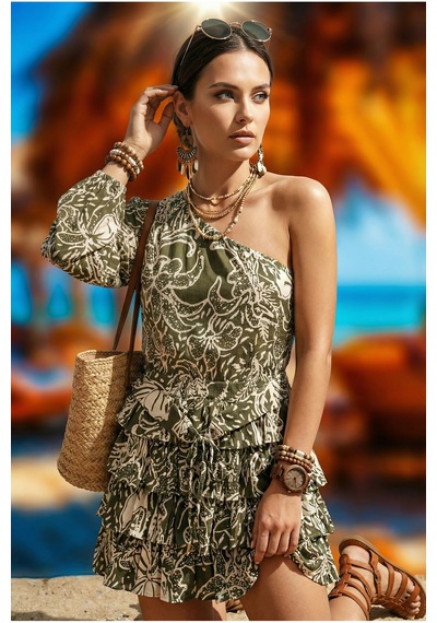 Fashion Cocktail Safari Tek Omuz Etnik Dokulu Hareketli Katlı Tatil Yaz Şifon Desenli Chic Bohem Mini Elbise Haki Fashion Cocktail Safari Tek Omuz Etnik Dokulu Hareketli Katlı Tatil Yaz Şifon Desenli Chic Bohem Mini Elbise Haki