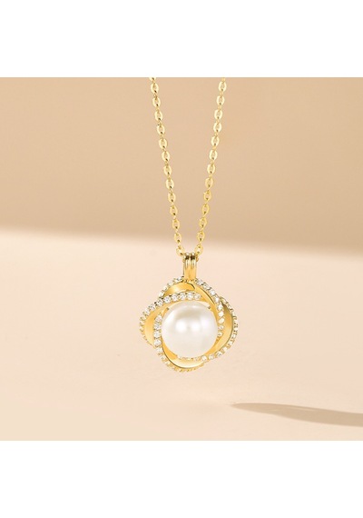Monemel Kristal Taşlı Gold İnci Kolye Altın Kaplama Gümüş - Rodyum