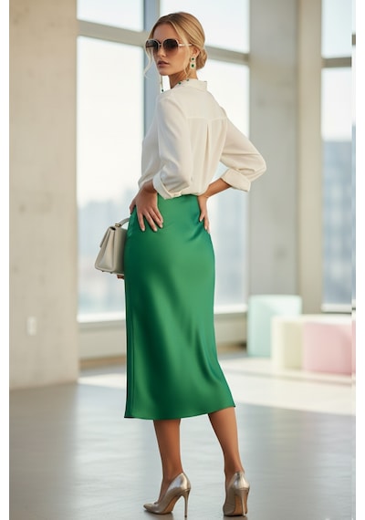 Fashion Cocktail Saten Dökümlü Belden Oturan Kalın Iç Lastikli Yırtmaçsız Diz Altı Midi Ofis Etek Yeşil Fashion Cocktail Saten Dökümlü Belden Oturan Kalın Iç Lastikli Yırtmaçsız Diz Altı Midi Ofis Etek Yeşil