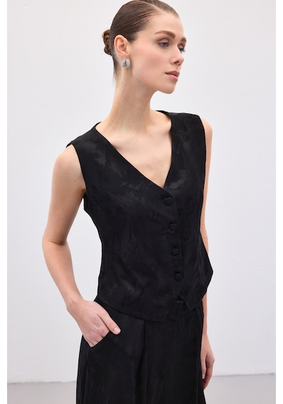 Sateen Jakarlı Yelek - Siyah-136839 Siyah
