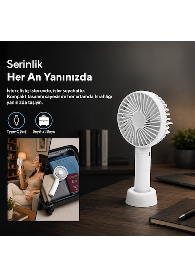 Kumtel Şarj Edilebilir Mini El Vantilatörü Type-c Şarjlı 3 Kademeli 400 Mah Hff-01c