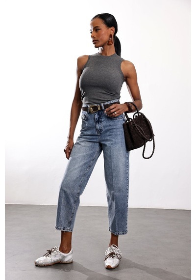 5in1Canpolat Açık Mavi Yüksek Bel Baggy Jean 3004 Açık  Mavi