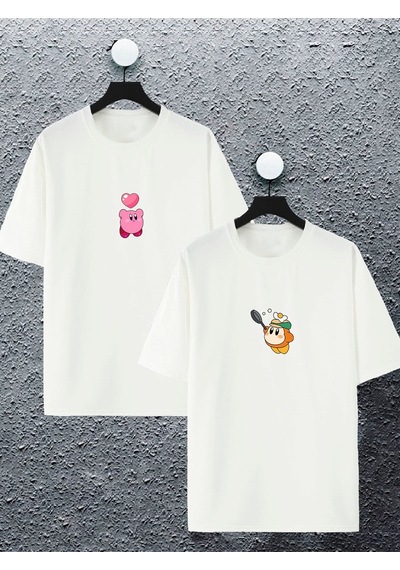 Unisex Kadın Erkek Kirby Ve Waddle De Baskılı Sevgili Çift Kombini Tasarım Oversize T-shirt 2'li Beyaz Mck2429 Beyaz
