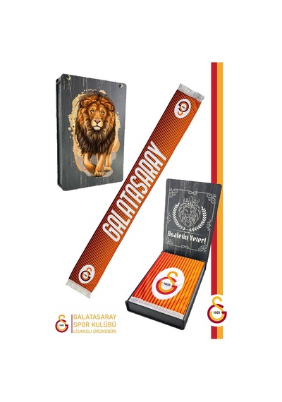 Galatasaray Lisanslı Çift Yön Baskılı Şal Kaşkol Atkı Aslan Baskılı Ahşap Kutulu Sarı - Lacivert