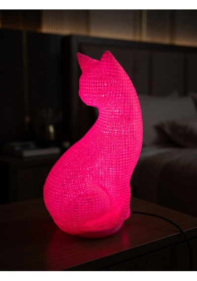 Dekoratif Kedi Figürlü Gece Lambası 3d Yazıcı Baskı Hediyelik Masa Lambası Aydınlatma 23cm Pembe