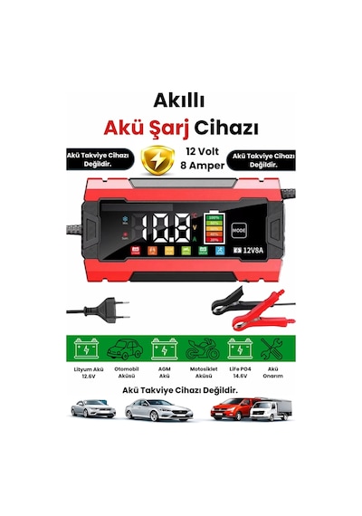 Auhma12v 8a Akıllı Akü Şarj Cihazı 12v 8a Lcd Ekranlı Pulse Repair Otomatik Akü Şarj & Desülfatör