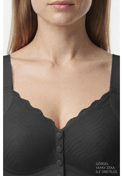 Cottonill Seamless Bra - Larevia Siyah Lazer Kesim Önden Düğmeli Tül Detaylı Kadın Sütyen