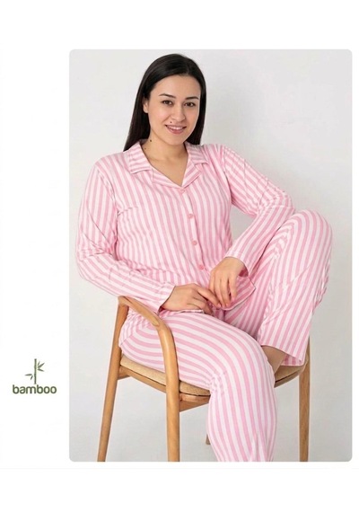 Oreiro Kadın Pembe Çizgili Bambu Pijama Takımı - Düğmeli Gömlek Yaka Uzun Kollu Ev Giyimi Seti Beyaz - Pembe Oreiro Kadın Pembe Çizgili Bambu Pijama Takımı - Düğmeli Gömlek Yaka Uzun Kollu Ev Giyimi Seti Beyaz - Pembe