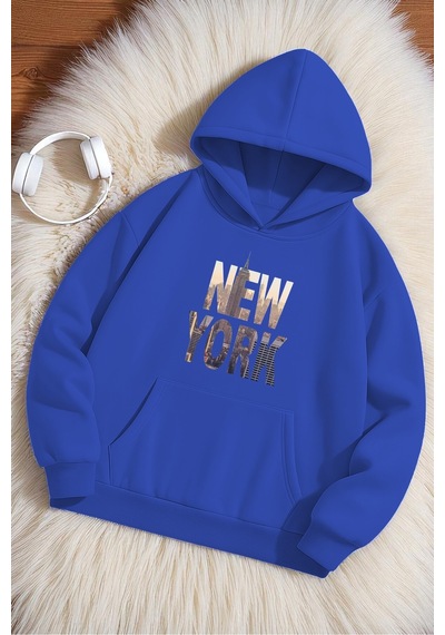 Uyguntarz New York Baskılı Oversize Sweatshirt Mavi