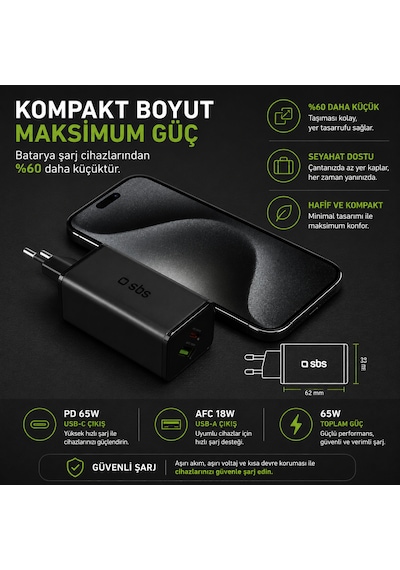 Sbs 65w Gan Hızlı Şarj Adaptörü Usb-c Pd 65w + Usb-a Afc 18w Laptop, Tablet Ve Telefon Uyumlu Avrupa Tipi Fiş