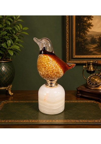 Üfleme Cam Dekoratif Kuş Biblo Beyaz Kaideli Amber Renkli El Yapımı Masaüstü Süs Objesi 17 Cm .