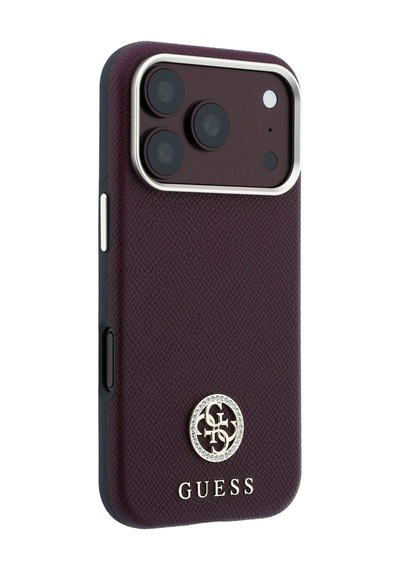 Apple iPhone Uyumlu 18 Pro Max Kılıf Guess Lisanslı M-safe Özellikli Pu Taşlı Metal 4g Ve Yazı Logolu Kapak Bordo