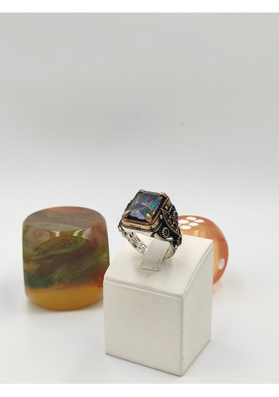 Mistik Topaz Yan Koları Onıks Taşlı Kare 925 Ayar 25 Mm 17,00 Gr. Erkek Yüzüğü Gümüş