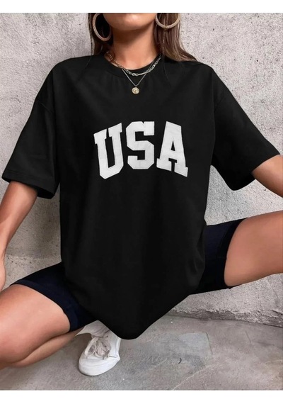 Kadın Nakışlı Oversize T-shirt - Siyah 001