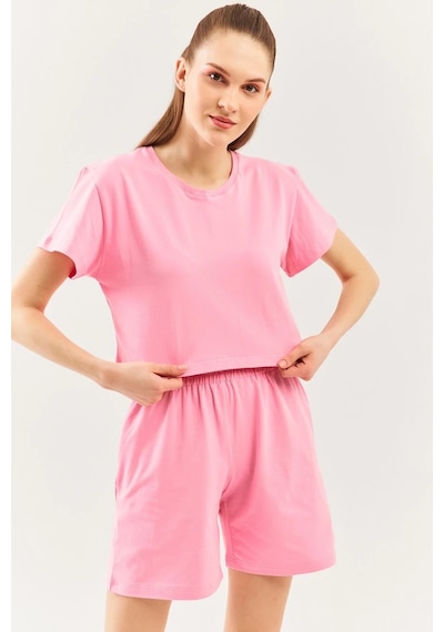 Kadın Rahat %100 Pamuklu Penye Bisiklet Yaka Kısa Kol Basic Crop T-shirt Pembe