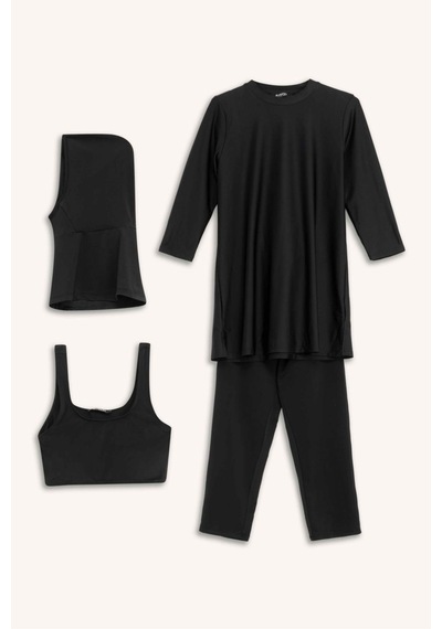 DeFacto Regular Fit 4'lü Hızlı Kuruyan Burkini Tesettür Basic Düz Mayo Takım E3513AX25HSBK81
