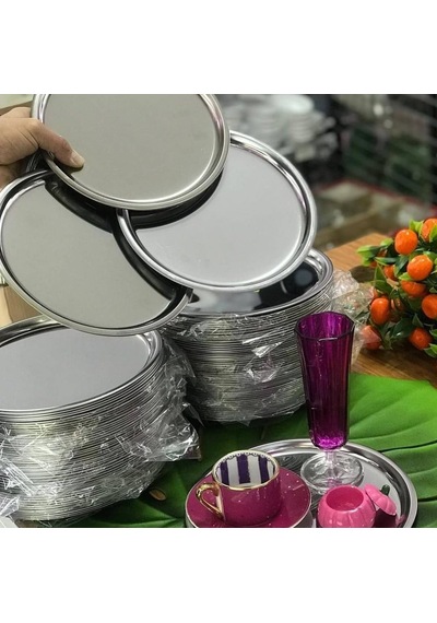 Tr 6 Adet Lüx Gümüş Paslanmaz Çelik Yuvarlak Çay,kahve,pasta Servis Tepsisi Sunum Tepsisi 21.5 Cm Genel