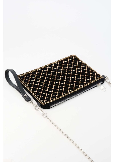 Vivaq Kadın Kapitone Altın Taşlı Süet Bilek Askılı Ve Zincir Askılı Portföy El Ve Clutch Çanta SİYAH