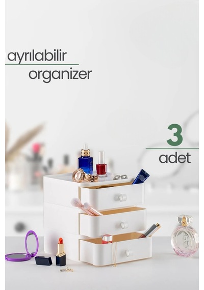 3'lü Takı, Makyaj Ve Kozmetik Düzenleyici Çekmece, Ofis Masa Üstü Düzenleyici Çekmeceli Raf Beyaz