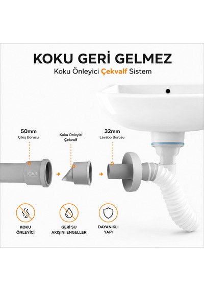 Ø50 Lavabo Gideri Çekvalfli Koku Ve Böcek Önleyici Adaptör Beyaz