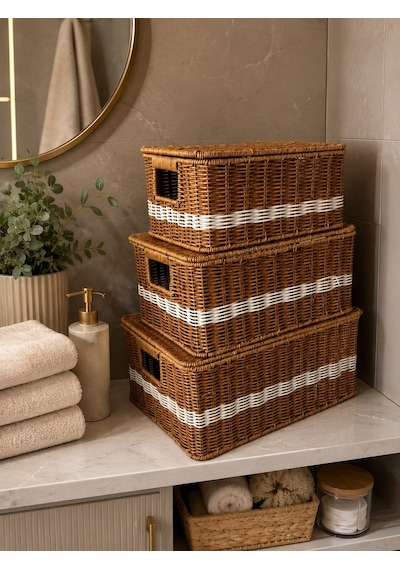 3'lü Kapaklı Hasır Rattan Organizer Beyaz Çizgili Sepet Fth-905 Sarı