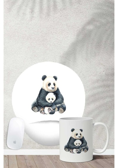 Panda Ailesi Desenli Bilek Destekli Mouse Pad Kupa Seti Mousepad
