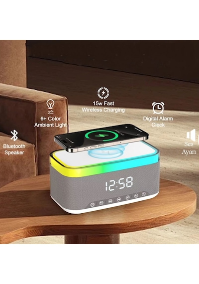 Sa-148 15w Kablosuz Şarj Etme Özellikli Masa Saati - Çalar Saatli Alarm - Bluetooth Hoparlör - Radyo