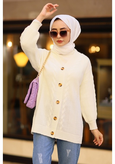 Oversize Kadın Tesettür Triko Hırka Ekru