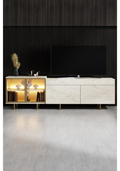 Vienna Gold Demir Ayaklı Rgb Led Işık Sistemli Traverten Tv Ünitesi Tv Sehpası Traverten - Altın Vienna Gold Demir Ayaklı Rgb Led Işık Sistemli Traverten Tv Ünitesi Tv Sehpası Traverten - Altın
