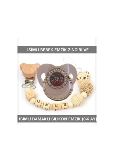 Sahi Aksesuar İsimli Emzik Zinciri Ve İsimli Silikon Emzik 0-6 Ay Bezyı429 Bej - Gri