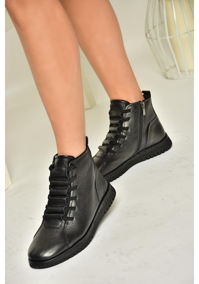 Fox Shoes T555366203 Siyah Hakiki Deri Comfort Ortopedik Taban Kadın Bot Siyah