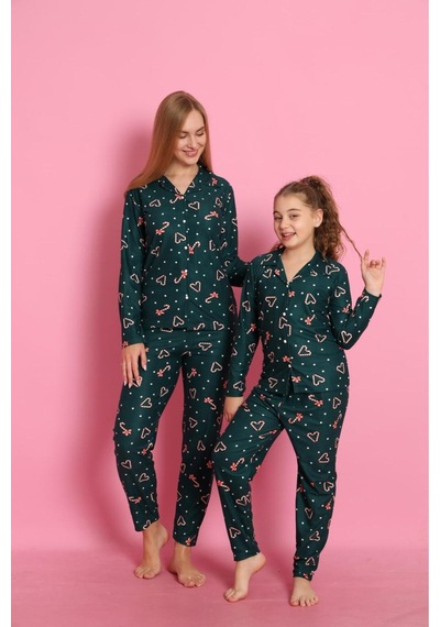 Free Beka Yılbaşı Desenli Uzun Kollu Önden Düğmeli Gömlek Yaka Anne Kız Pijama Takımı Yeşil