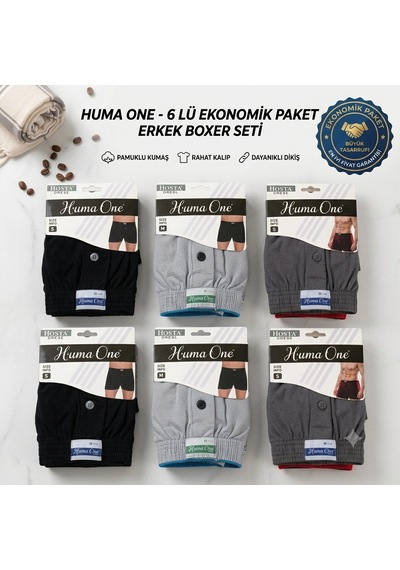 Huma One Erkek Havlu Bel Düz Boxer 6 Lı Asorti