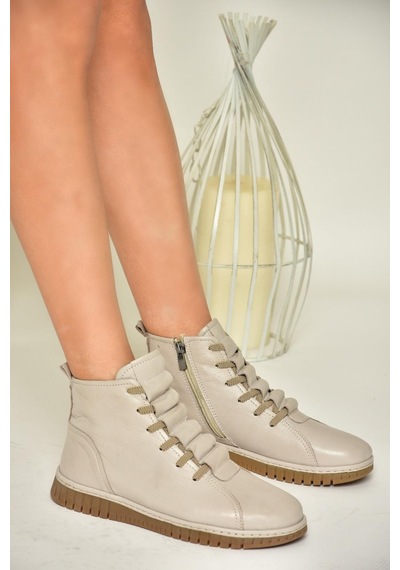 Fox Shoes T555366203 Vizon Hakiki Deri Comfort Ortopedik Taban Kadın Bot Vizon