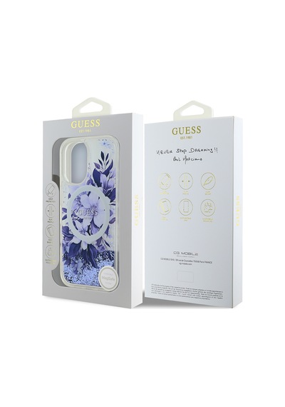 Apple Uyumlu iPhone 16 Plus Kılıf Guess Lisanslı Magsafe Şarj Özellikli Sıvılı Simli Çiçek Desenli Mor