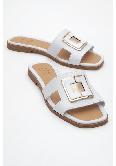 Luvishoes Millie Beyaz Hakiki Deri Tokalı Kadın Terlik Beyaz