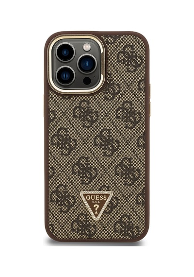 Apple Uyumlu iPhone 14 Pro Max Kılıf Guess Lisanslı Üçgen Logo 4g Desenli Kamera Standlı Kapak Kahverengi