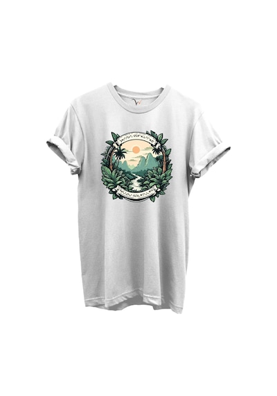 Tropikal Orman Ve Dağ Manzaralı Hunting Doğa Temalı %100 Pamuk Regular Fit Unisex T-shirt Beyaz