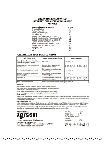 Agrosin Antares 11.11.11 + 11 So3 Organomineral Granül Gübre 50 Kg