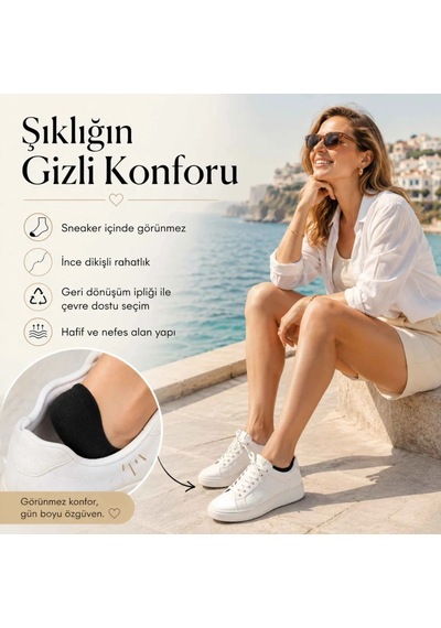 Genel Kadın Görünmez Sneaker Babet Çorap 6'lı Geri Dönüşüm İplikli, Nefes Alan, Siy Siyah 6'lı / 36-40