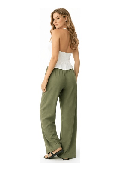 Fashion Friends Geniş Paça Kadın Keten Pantolon 26y0608k1 Haki