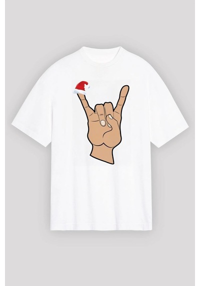Vexor Yılbaşı Noel Başlıklı Serçe Parmak Baskılı Oversize Bisiklet Yaka T-shirt - Beyaz Çok Renkli