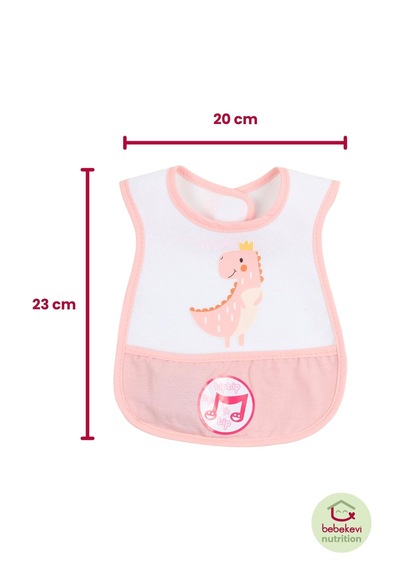 Düdüklü Cepli Sıvama Mama Önlüğü - Sevimli Dino Bebek Önlüğü Açık Pembe