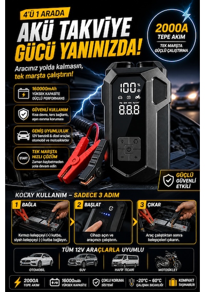Merwish 16000mah 4'ü 1 Arada Akü Takviye Cihazı 2000a Hava Kompresörü Powerbank Led Fener Dijital Ekran Çantalı