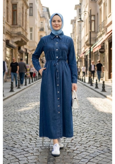 Hb Harma Time Butik Kadın Beli Bağcıklı Boydan Düğmeli Koyu Mavi Kot Tesettür Elbise