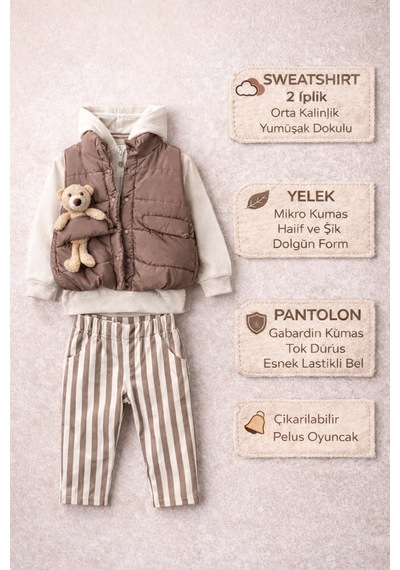 Harika Kids Erkek Bebek 3 Lü Takım 9-24 Ay Şişme Yelek %100 Pamuk Sweatshirt Gabardin Pantolon Kahverengi