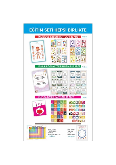 Çocuk Eğitim Seti İngilizce Dua Elif Ba Ezber Kartları Saat Çarpı