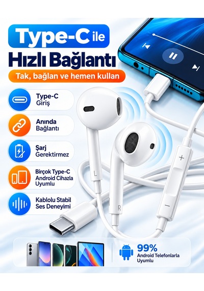 Type-c Girişli Kablolu Kulaklık Mikrofonlu Kulak İçi Kulaklık Ses Kontrol Tuşlu Telefon Tablet Uyumlu Usb-c Kulaklık