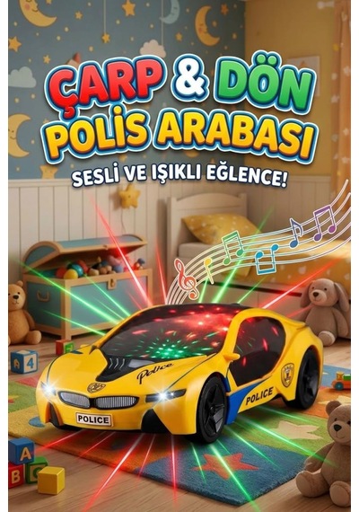 Çarp Dön Araba 1:18 Ölçekli 25 Cm Müzikli Ve 3d Işıklı Pilli Eğlenceli Oyuncak Polis Arabası Sarı