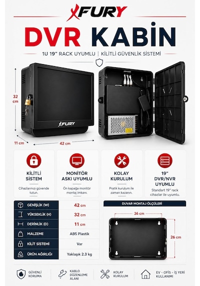 Fury Dvr Nvr Kamera Kayıt Cihazı Abs Kabini 42x32x11 Cm Metal Duvar Tipi Güvenlik Kabini